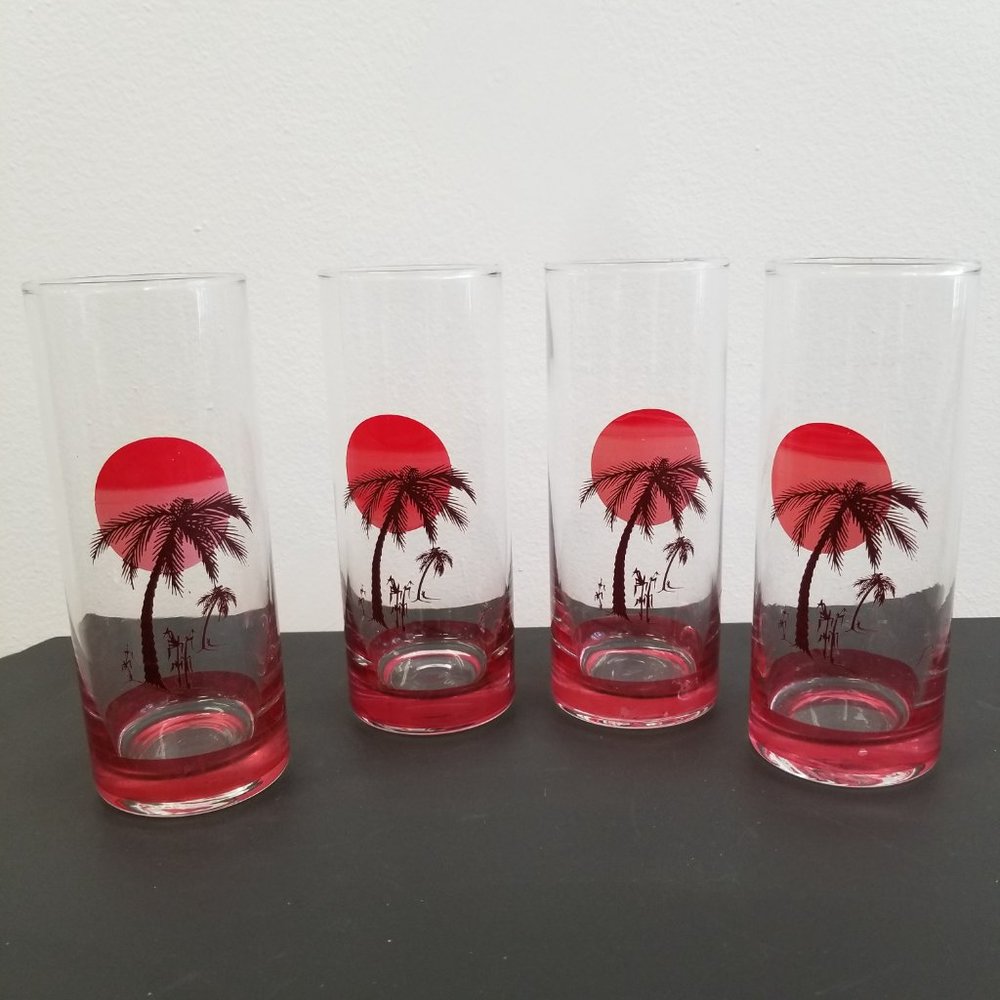 Vintage Panache Tiki Palm Tree Sunset Tom Collins Glasses